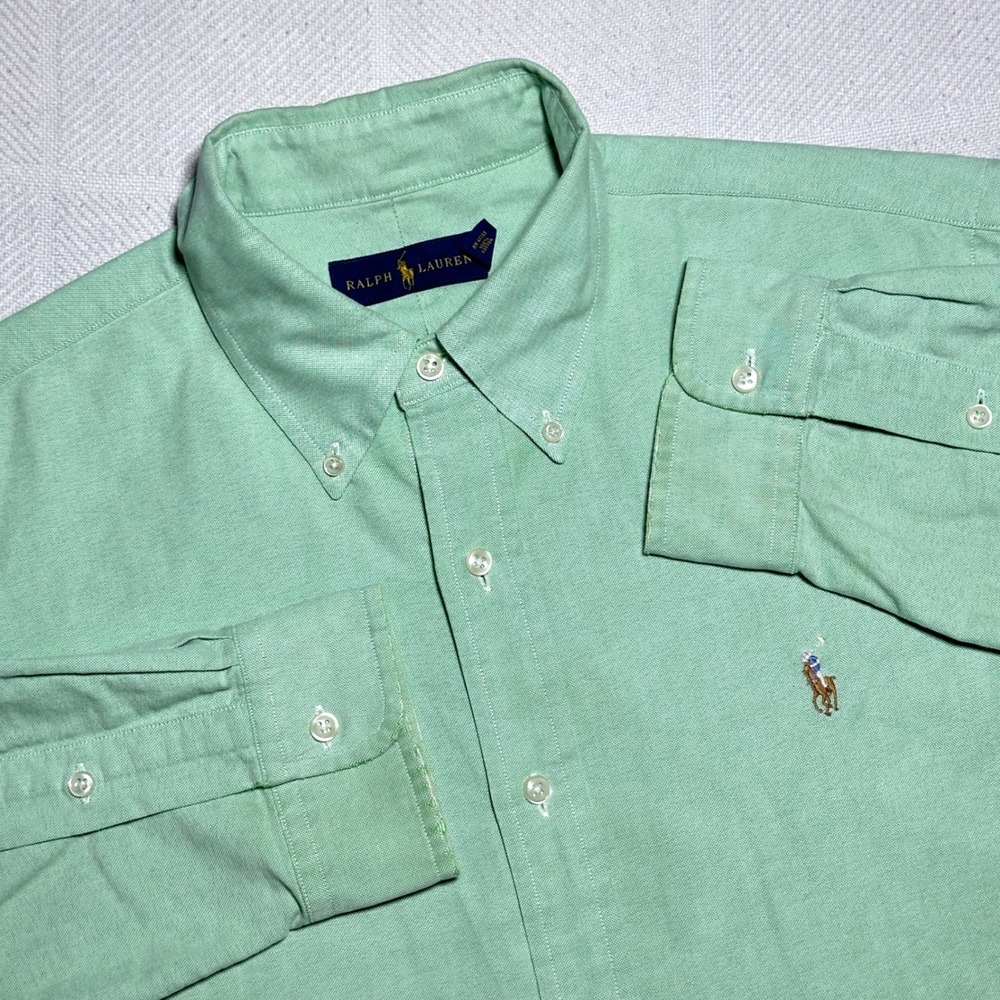 Ralph Lauren Button Down Shirt Mens Large Oxford Cotton Flesh Pony Lime Green